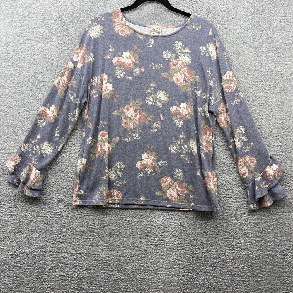 COMO Vintage Womens T-Shirt Multicolor Floral Flutter Long Sleeve Size XL